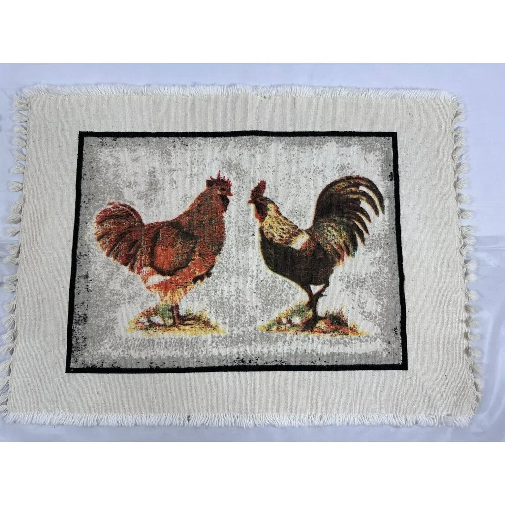 Set Of 6‎ Rustic Rooster Placemats Fringed Edges Linen Look Cottage Farmhouse